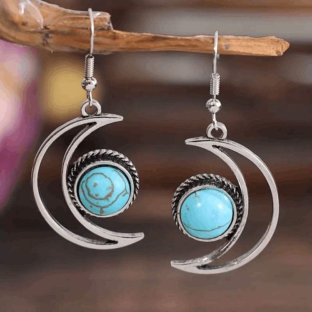 Crescent Moon Turquoise Dangle Earrings